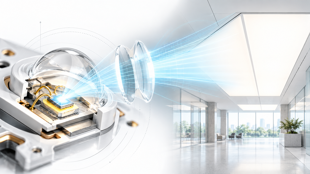 Detaildarstellung eines LED-Chips mit Optik und Lichtstrahlen, die in eine moderne architektonische Beleuchtung übergehen.